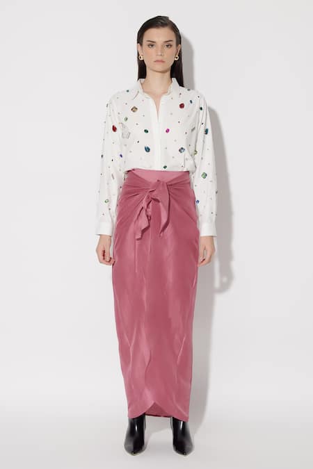 Twinkle Hanspal_Pink Shirt Poplin Hand Embroidery Crystals Collar Sherlyn With Draped Skirt_Online_at_Aza_Fashions