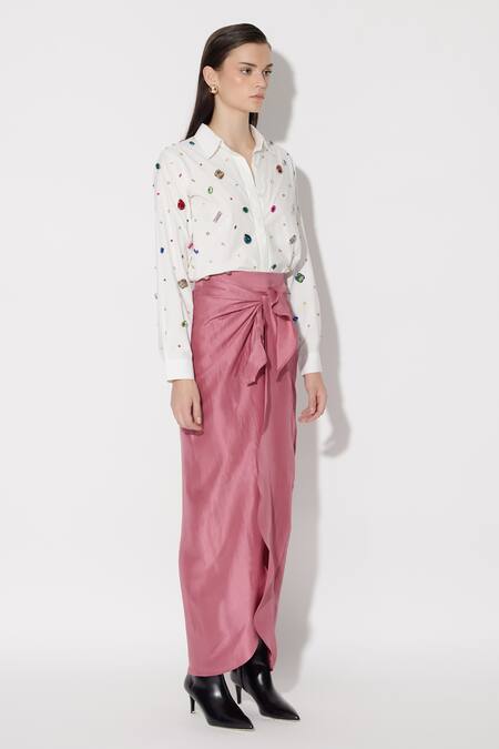 Buy_Twinkle Hanspal_Pink Shirt Poplin Hand Embroidery Crystals Collar Sherlyn With Draped Skirt_Online_at_Aza_Fashions
