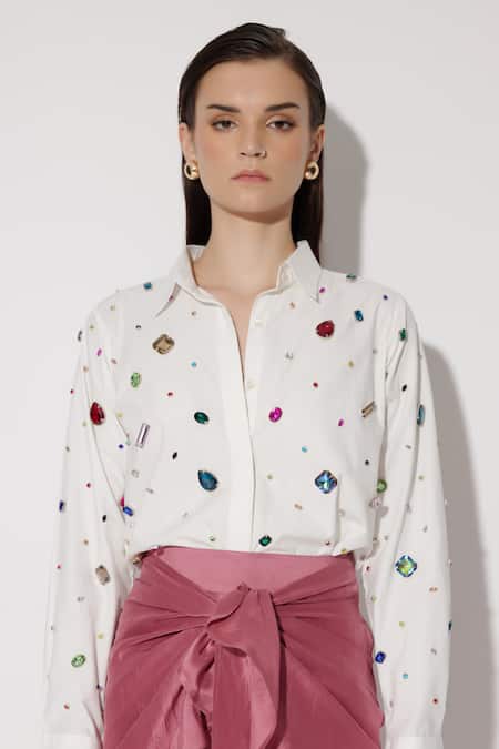 Shop_Twinkle Hanspal_Pink Shirt Poplin Hand Embroidery Crystals Collar Sherlyn With Draped Skirt_Online_at_Aza_Fashions