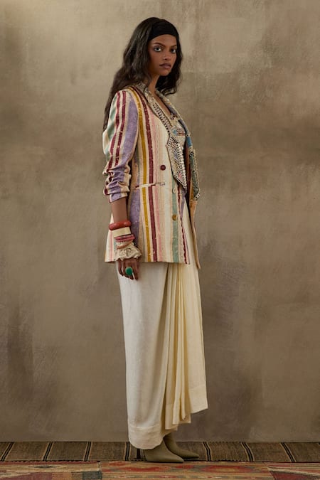 Shop Aseem Kapoor Multi Color Net, Silk Beads, Embroidery Noori Stripe Print Jacket Skirt Set at Aza Fashions Shop_Aseem Kapoor_Multi Color Net, Silk Beads, Embroidery Noori Stripe Print Jacket Skirt Set _at_Aza_Fashions