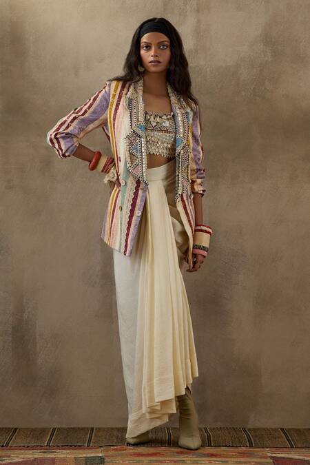 Aseem Kapoor Multi Color Net, Silk Beads, Embroidery Noori Stripe Print Jacket Skirt Set Online at Aza Fashions Aseem Kapoor_Multi Color Net, Silk Beads, Embroidery Noori Stripe Print Jacket Skirt Set _Online_at_Aza_Fashions