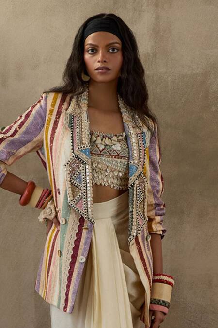 Buy Aseem Kapoor Multi Color Net, Silk Beads, Embroidery Noori Stripe Print Jacket Skirt Set Online at Aza Fashions Buy_Aseem Kapoor_Multi Color Net, Silk Beads, Embroidery Noori Stripe Print Jacket Skirt Set _Online_at_Aza_Fashions