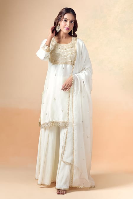 Kalakaari By Sagarika Off White Chanderi Silk Embroidery Floral Round Neck Bodice Kurta And Sharara Set 