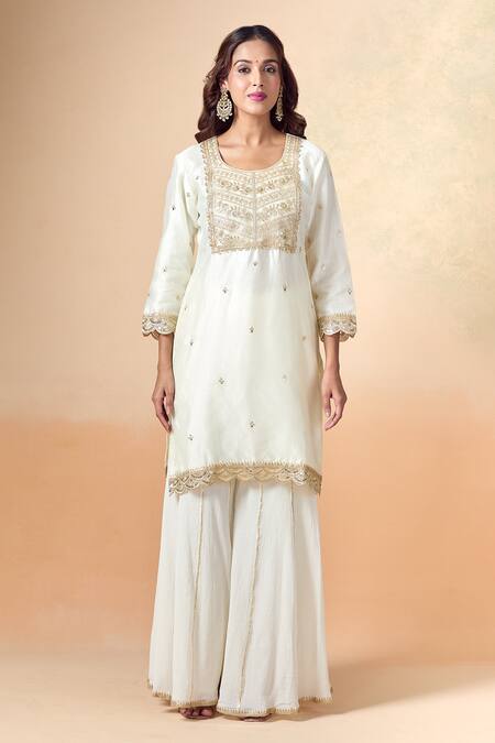 Kalakaari By Sagarika Off White Chanderi , Organza, Crepe Floral Bodice Kurta And Sharara Set Online at Aza Fashions Kalakaari By Sagarika_Off White Chanderi , Organza, Crepe Floral Bodice Kurta And Sharara Set _Online_at_Aza_Fashions
