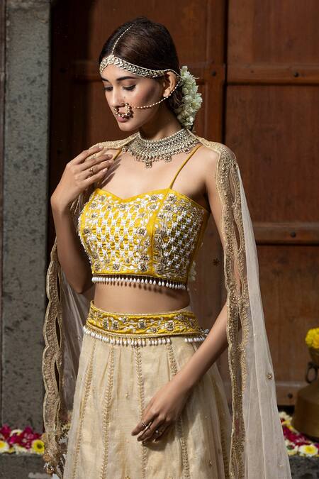 Farha Syed_Beige Chanderi Silk, Silk, Organza Beads, Cut Work Vine Embroidered Lehenga Set _Online_at_Aza_Fashions