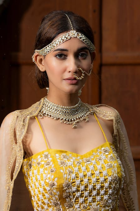 Buy_Farha Syed_Beige Chanderi Silk, Silk, Organza Beads, Cut Work Vine Embroidered Lehenga Set _Online_at_Aza_Fashions