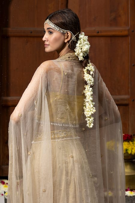 Shop_Farha Syed_Beige Chanderi Silk, Silk, Organza Beads, Cut Work Vine Embroidered Lehenga Set _Online_at_Aza_Fashions