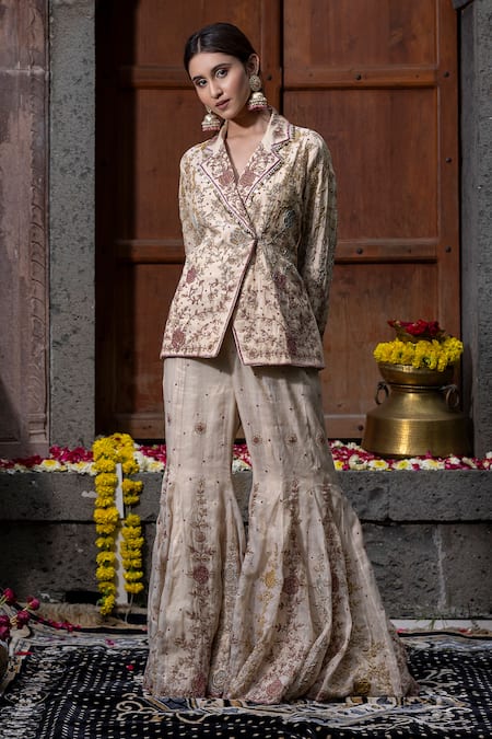 Shop_Farha Syed_Beige Chanderi Silk, Taffeta Sequins, Beads, Rose Vine Blazer And Sharara Set _at_Aza_Fashions