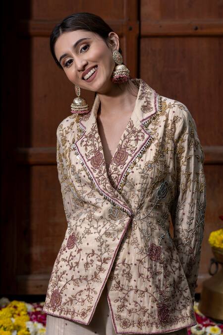 Farha Syed_Beige Chanderi Silk, Taffeta Sequins, Beads, Rose Vine Blazer And Sharara Set _Online_at_Aza_Fashions