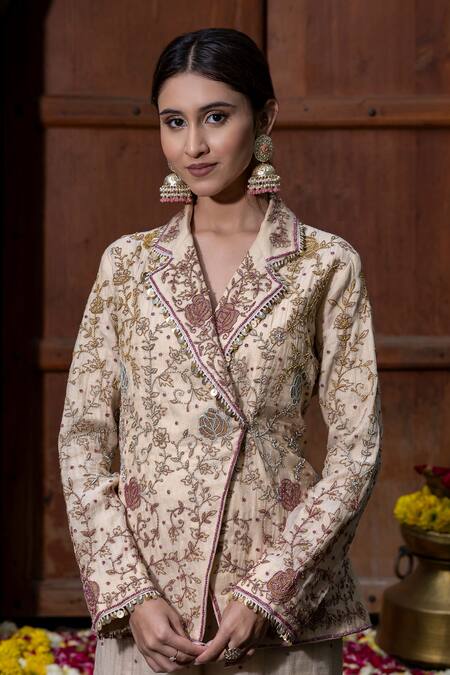 Buy_Farha Syed_Beige Chanderi Silk, Taffeta Sequins, Beads, Rose Vine Blazer And Sharara Set _Online_at_Aza_Fashions