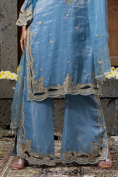 Farha Syed_Blue Chanderi Silk, Organza Beads, Embroidery, Floral Vine Kurta Palazzo Set _Online_at_Aza_Fashions