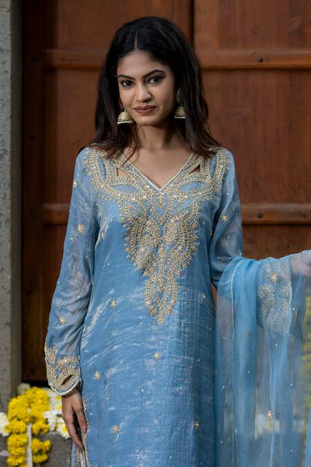 Buy_Farha Syed_Blue Chanderi Silk, Organza Beads, Embroidery, Floral Vine Kurta Palazzo Set _Online_at_Aza_Fashions
