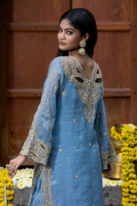Farha Syed_Blue Chanderi Silk, Organza Beads, Embroidery, Floral Vine Kurta Palazzo Set _at_Aza_Fashions
