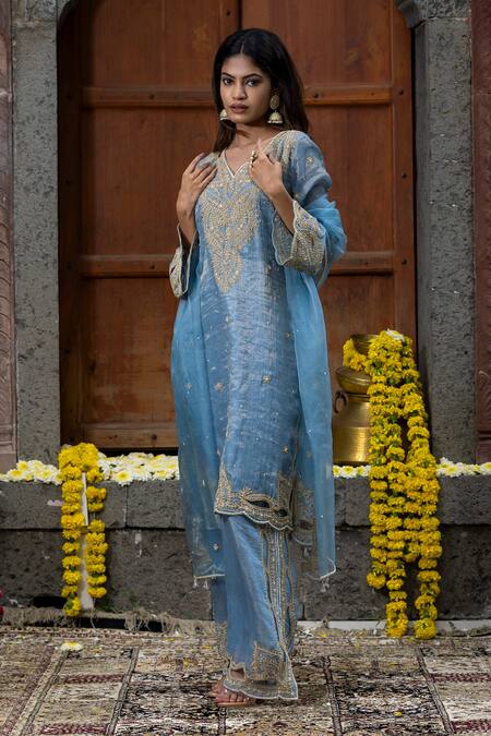 Buy_Farha Syed_Blue Chanderi Silk, Organza Beads, Embroidery, Floral Vine Kurta Palazzo Set 