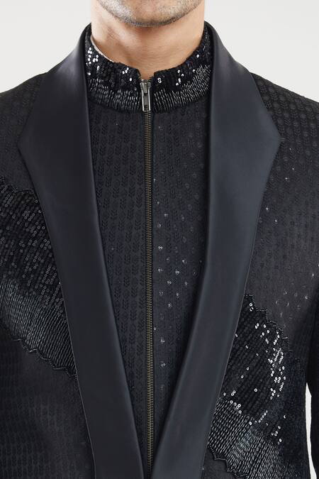 Shop Arihant Rai Sinha Black Polyester, Silk, Satin Sequins Embroidered Tuxedo Set Online at Aza Fashions Shop_Arihant Rai Sinha_Black Polyester, Silk, Satin Sequins Embroidered Tuxedo Set _Online_at_Aza_Fashions