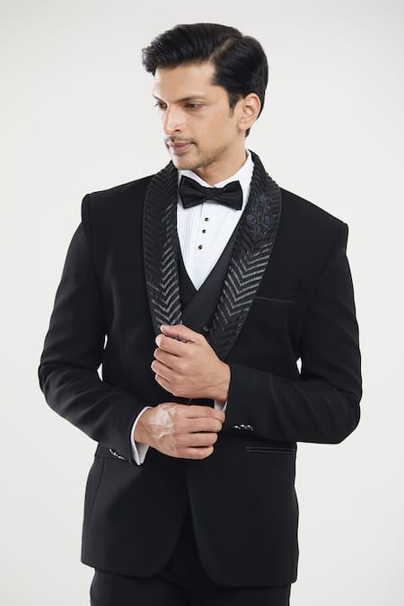 Buy Arihant Rai Sinha Black Polyester, Cotton, Silk Beads Embroidered Neck Tuxedo Pant Set Online at Aza Fashions Buy_Arihant Rai Sinha_Black Polyester, Cotton, Silk Beads Embroidered Neck Tuxedo Pant Set _Online_at_Aza_Fashions