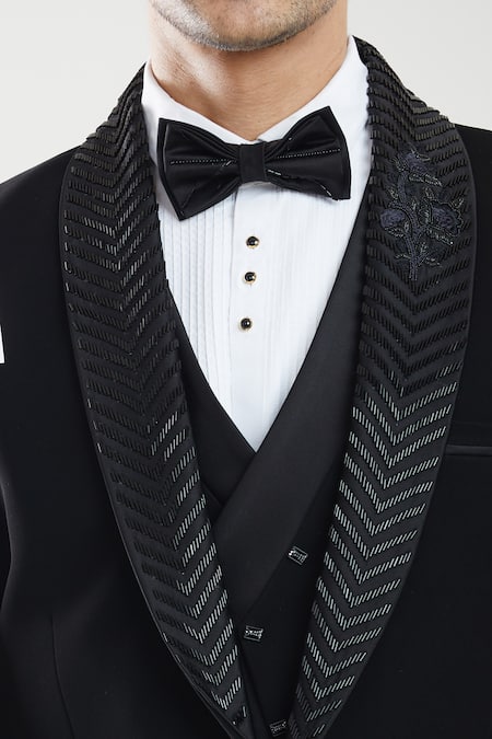 Shop Arihant Rai Sinha Black Polyester, Cotton, Silk Beads Embroidered Neck Tuxedo Pant Set Online at Aza Fashions Shop_Arihant Rai Sinha_Black Polyester, Cotton, Silk Beads Embroidered Neck Tuxedo Pant Set _Online_at_Aza_Fashions