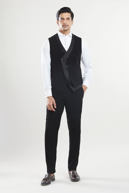 Arihant Rai Sinha Black Polyester, Cotton, Silk Beads Embroidered Neck Tuxedo Pant Set at Aza Fashions Arihant Rai Sinha_Black Polyester, Cotton, Silk Beads Embroidered Neck Tuxedo Pant Set _at_Aza_Fashions