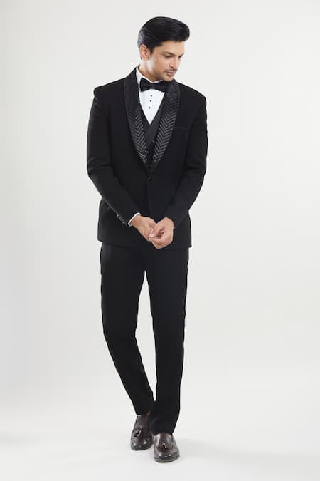 Buy Arihant Rai Sinha Black Polyester, Cotton, Silk Beads Embroidered Neck Tuxedo Pant Set Buy_Arihant Rai Sinha_Black Polyester, Cotton, Silk Beads Embroidered Neck Tuxedo Pant Set