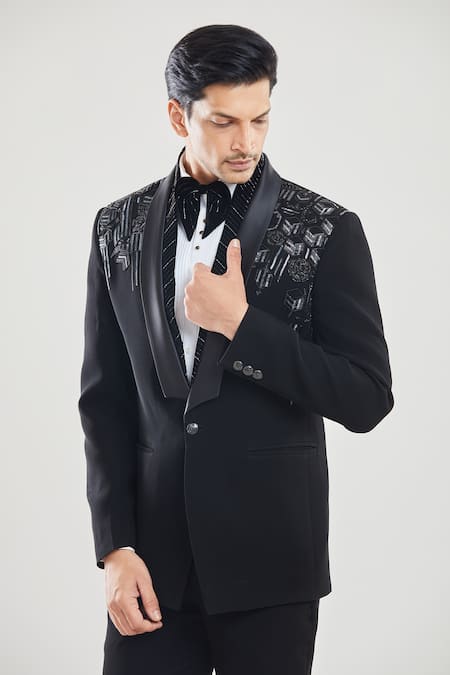 Buy Arihant Rai Sinha Black Polyester Beads Geometric Embroidered Tuxedo Pant Set Online at Aza Fashions Buy_Arihant Rai Sinha_Black Polyester Beads Geometric Embroidered Tuxedo Pant Set _Online_at_Aza_Fashions