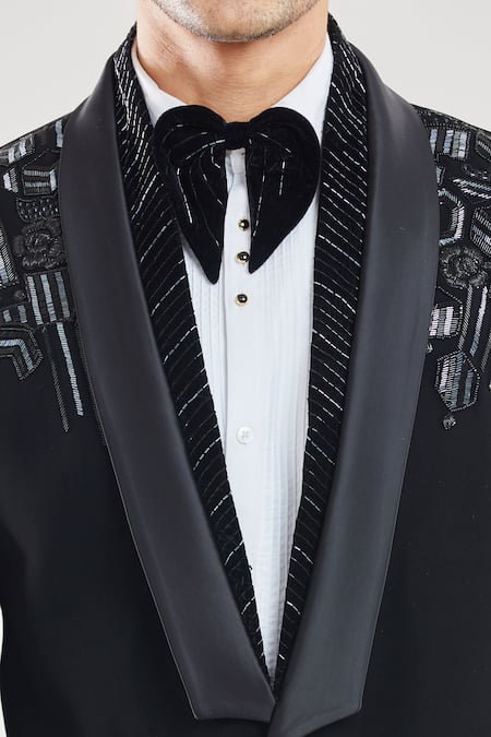 Shop Arihant Rai Sinha Black Polyester Beads Geometric Embroidered Tuxedo Pant Set Online at Aza Fashions Shop_Arihant Rai Sinha_Black Polyester Beads Geometric Embroidered Tuxedo Pant Set _Online_at_Aza_Fashions