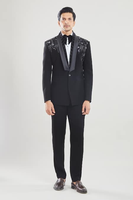 Arihant Rai Sinha Black Polyester Beads Geometric Embroidered Tuxedo Pant Set at Aza Fashions Arihant Rai Sinha_Black Polyester Beads Geometric Embroidered Tuxedo Pant Set _at_Aza_Fashions