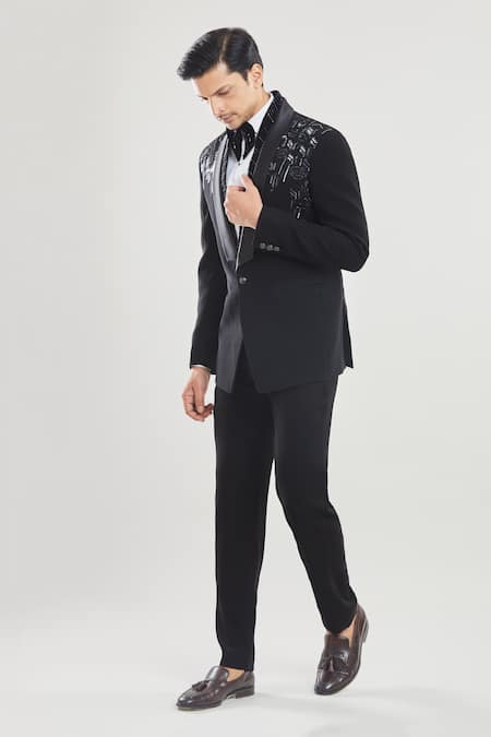 Buy Arihant Rai Sinha Black Polyester Beads Geometric Embroidered Tuxedo Pant Set Buy_Arihant Rai Sinha_Black Polyester Beads Geometric Embroidered Tuxedo Pant Set