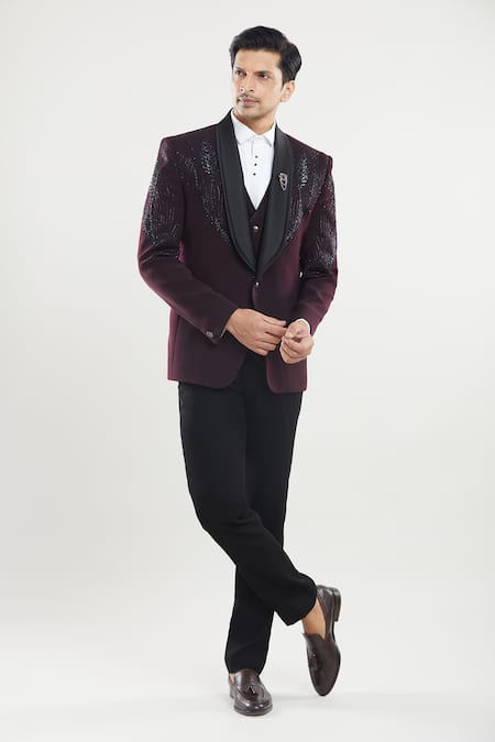 Aryavir Malhotra Wine Feather Embroidered Tuxedo Set 