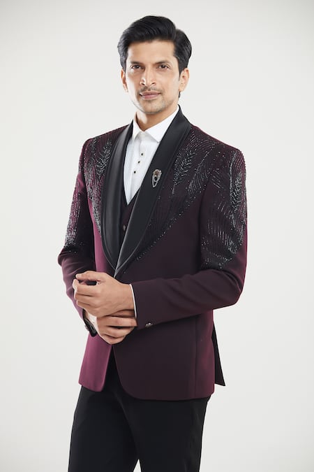 Buy_Arihant Rai Sinha_Wine Polyester Beads, Feathers Embroidered Tuxedo Set _Online_at_Aza_Fashions