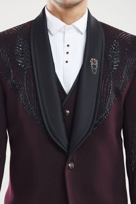 Shop_Arihant Rai Sinha_Wine Polyester Beads, Feathers Embroidered Tuxedo Set _Online_at_Aza_Fashions