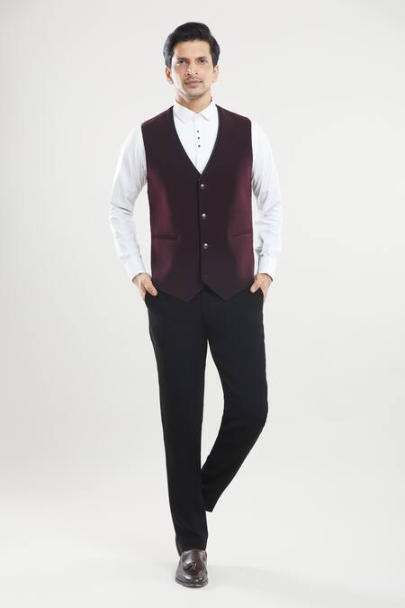 Arihant Rai Sinha_Wine Polyester Beads, Feathers Embroidered Tuxedo Set _at_Aza_Fashions