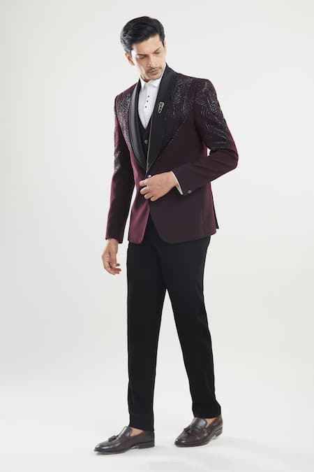 Buy_Arihant Rai Sinha_Wine Polyester Beads, Feathers Embroidered Tuxedo Set 