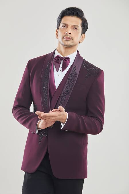Arihant Rai Sinha_Wine Polyester, Cotton, Silk Beads Embroidered Tuxedo Set With Bow _Online_at_Aza_Fashions