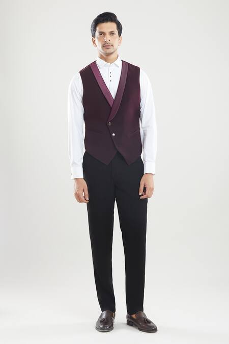 Buy_Arihant Rai Sinha_Wine Polyester, Cotton, Silk Beads Embroidered Tuxedo Set With Bow _Online_at_Aza_Fashions