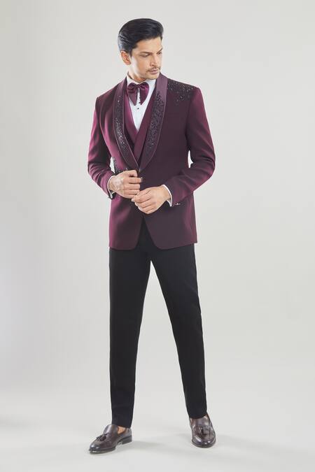 Shop_Arihant Rai Sinha_Wine Polyester, Cotton, Silk Beads Embroidered Tuxedo Set With Bow _Online_at_Aza_Fashions