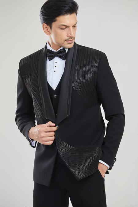 Arihant Rai Sinha_Black Polyester Beads Embroidered Neck Tuxedo Set With Waistcoat _Online_at_Aza_Fashions