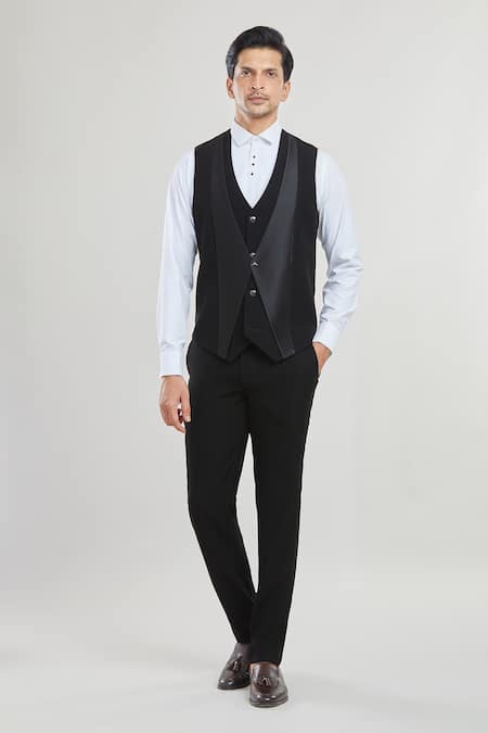 Buy_Arihant Rai Sinha_Black Polyester Beads Embroidered Neck Tuxedo Set With Waistcoat _Online_at_Aza_Fashions