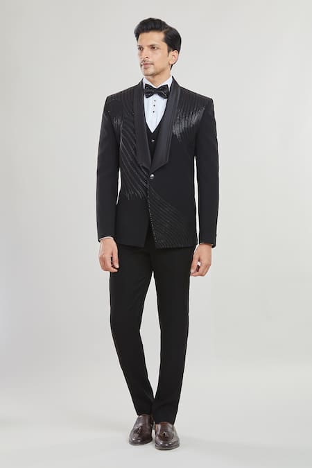 Shop_Arihant Rai Sinha_Black Polyester Beads Embroidered Neck Tuxedo Set With Waistcoat _Online_at_Aza_Fashions