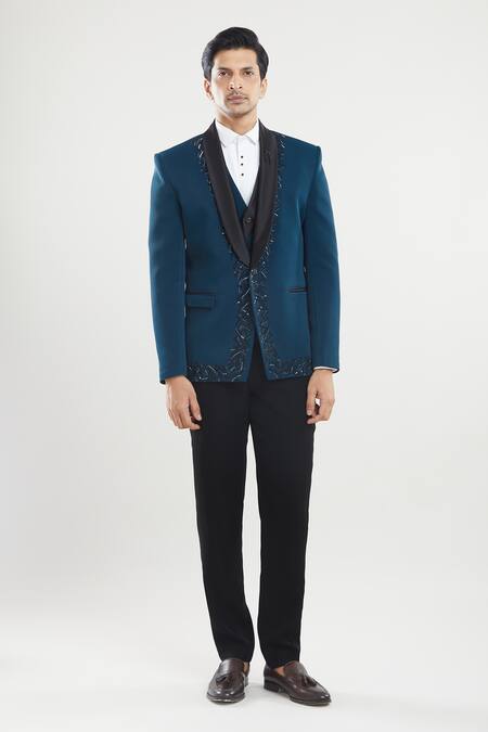 Shop Arihant Rai Sinha Blue Polyester Beads Embroidered Tuxedo Set With Broach Online at Aza Fashions Shop_Arihant Rai Sinha_Blue Polyester Beads Embroidered Tuxedo Set With Broach _Online_at_Aza_Fashions