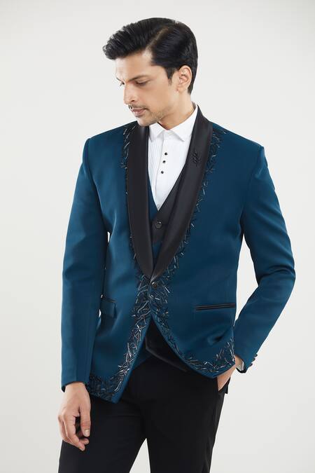 Arihant Rai Sinha Blue Polyester Beads Embroidered Tuxedo Set With Broach at Aza Fashions Arihant Rai Sinha_Blue Polyester Beads Embroidered Tuxedo Set With Broach _at_Aza_Fashions