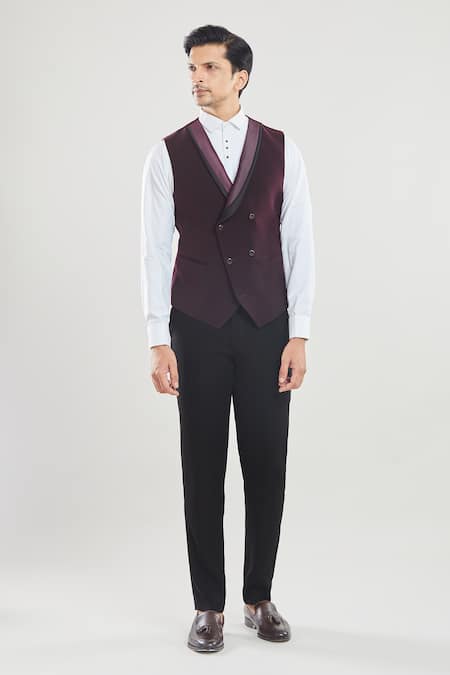 Buy_Arihant Rai Sinha_Maroon Polyester, Silk Beads Floral Embroidered Front Tuxedo Set With Bow _Online_at_Aza_Fashions