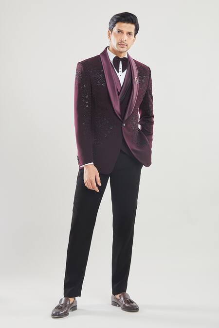 Shop_Arihant Rai Sinha_Maroon Polyester, Silk Beads Floral Embroidered Front Tuxedo Set With Bow _Online_at_Aza_Fashions
