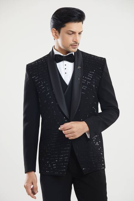 Arihant Rai Sinha_Black Polyester, Silk, Cotton Stones Embroidered Tuxedo Set _Online_at_Aza_Fashions