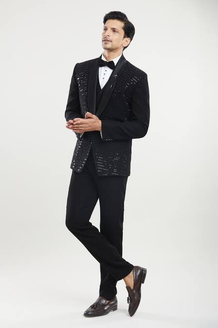 Shop_Arihant Rai Sinha_Black Polyester, Silk, Cotton Stones Embroidered Tuxedo Set _Online_at_Aza_Fashions