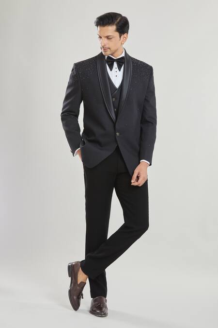 Arihant Rai Sinha_Black Polyester, Cotton, Silk Beads, Sequins Scattered Embroidered Tuxedo Set _at_Aza_Fashions