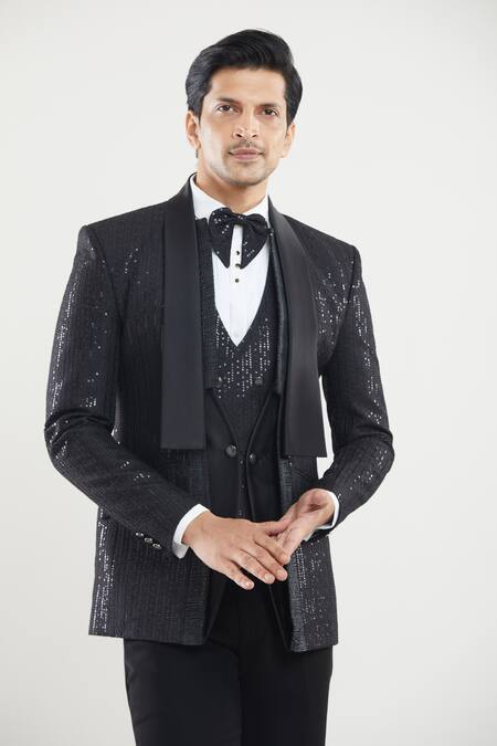 Buy Arihant Rai Sinha Black Satin, Polyester, Silk Sequins, Embroidery Thread Tuxedo Pant Set Online at Aza Fashions Buy_Arihant Rai Sinha_Black Satin, Polyester, Silk Sequins, Embroidery Thread Tuxedo Pant Set _Online_at_Aza_Fashions
