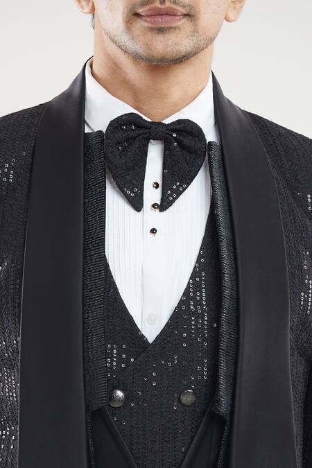 Shop Arihant Rai Sinha Black Satin, Polyester, Silk Sequins, Embroidery Thread Tuxedo Pant Set Online at Aza Fashions Shop_Arihant Rai Sinha_Black Satin, Polyester, Silk Sequins, Embroidery Thread Tuxedo Pant Set _Online_at_Aza_Fashions