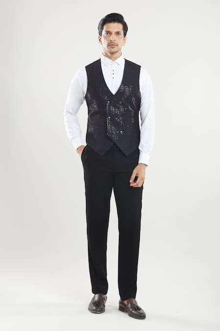 Arihant Rai Sinha Black Satin, Polyester, Silk Sequins, Embroidery Thread Tuxedo Pant Set at Aza Fashions Arihant Rai Sinha_Black Satin, Polyester, Silk Sequins, Embroidery Thread Tuxedo Pant Set _at_Aza_Fashions