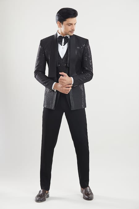 Buy Arihant Rai Sinha Black Satin, Polyester, Silk Sequins, Embroidery Thread Tuxedo Pant Set Buy_Arihant Rai Sinha_Black Satin, Polyester, Silk Sequins, Embroidery Thread Tuxedo Pant Set