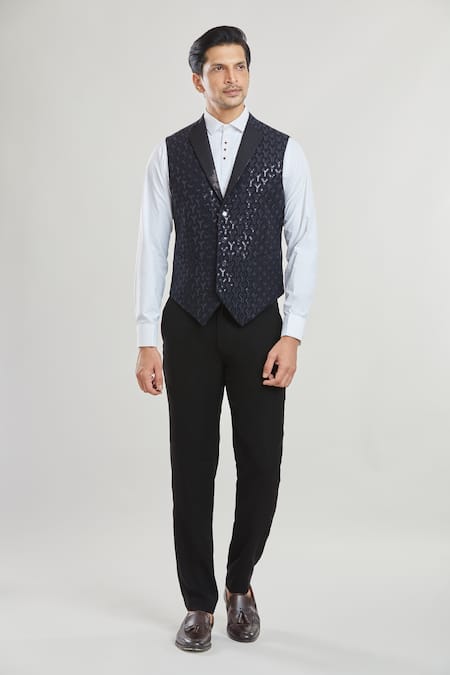 Arihant Rai Sinha Black Velvet, Satin, Cotton, Polyester, Wool Sequins, Thread Tuxedo Set at Aza Fashions Arihant Rai Sinha_Black Velvet, Satin, Cotton, Polyester, Wool Sequins, Thread Tuxedo Set _at_Aza_Fashions